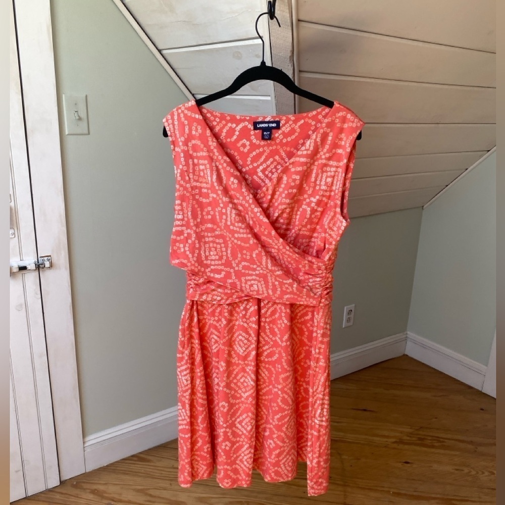 Lands' End | Geometric Stretch Faux Wrap Midi Dress Orange Coral Medium Petite